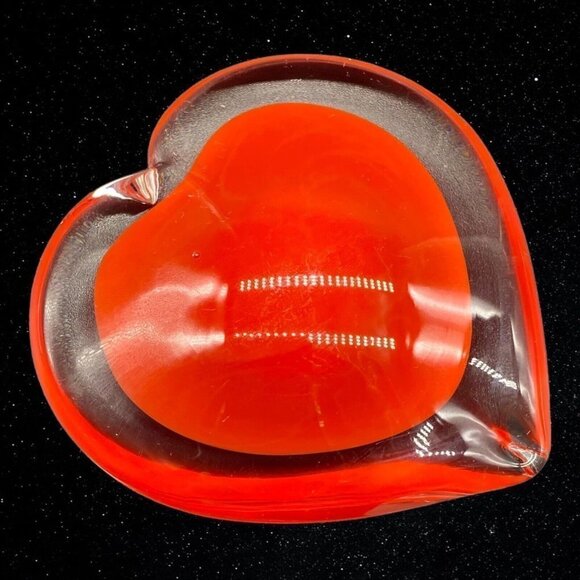 Art Glass Cased Clear Red Heart Shaped Paperweight Figurine 1”T 3”W - Picture 1 of 10